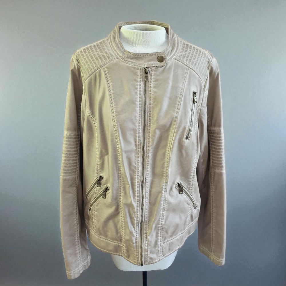 Beige Moto Jacket with Zipper Details